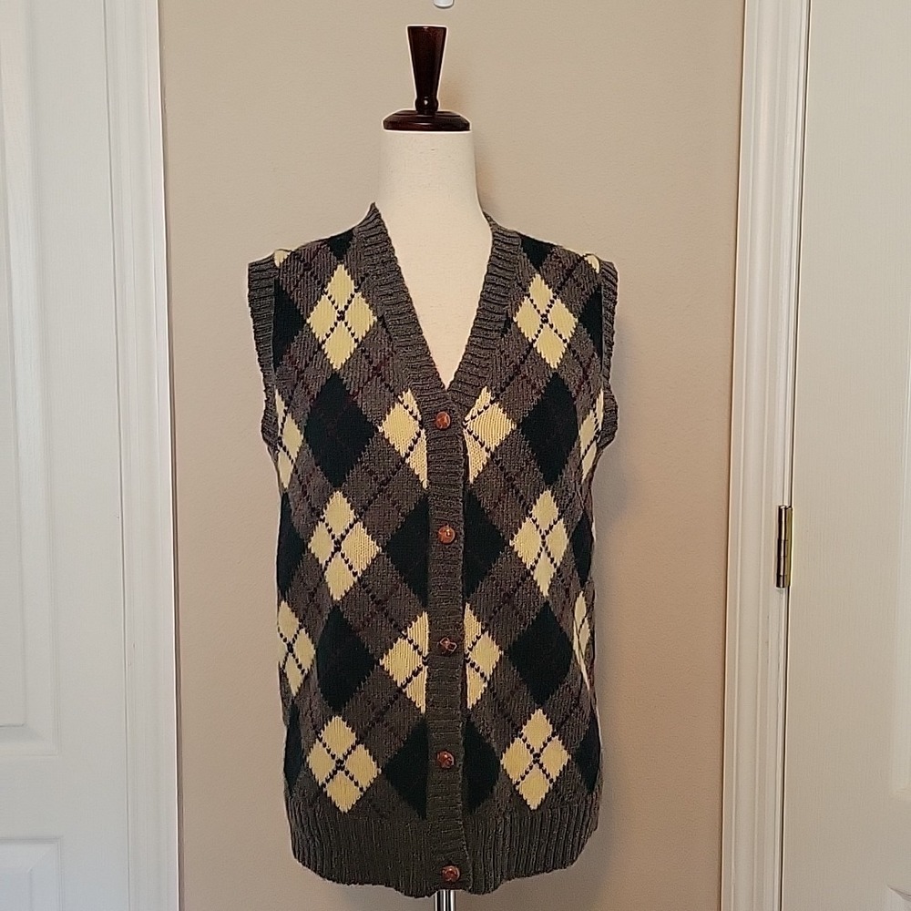 Vtg Ralph Lauren Womens Wool Cardigan Sweater Vest Size L Preppy Argyle 80s 90s